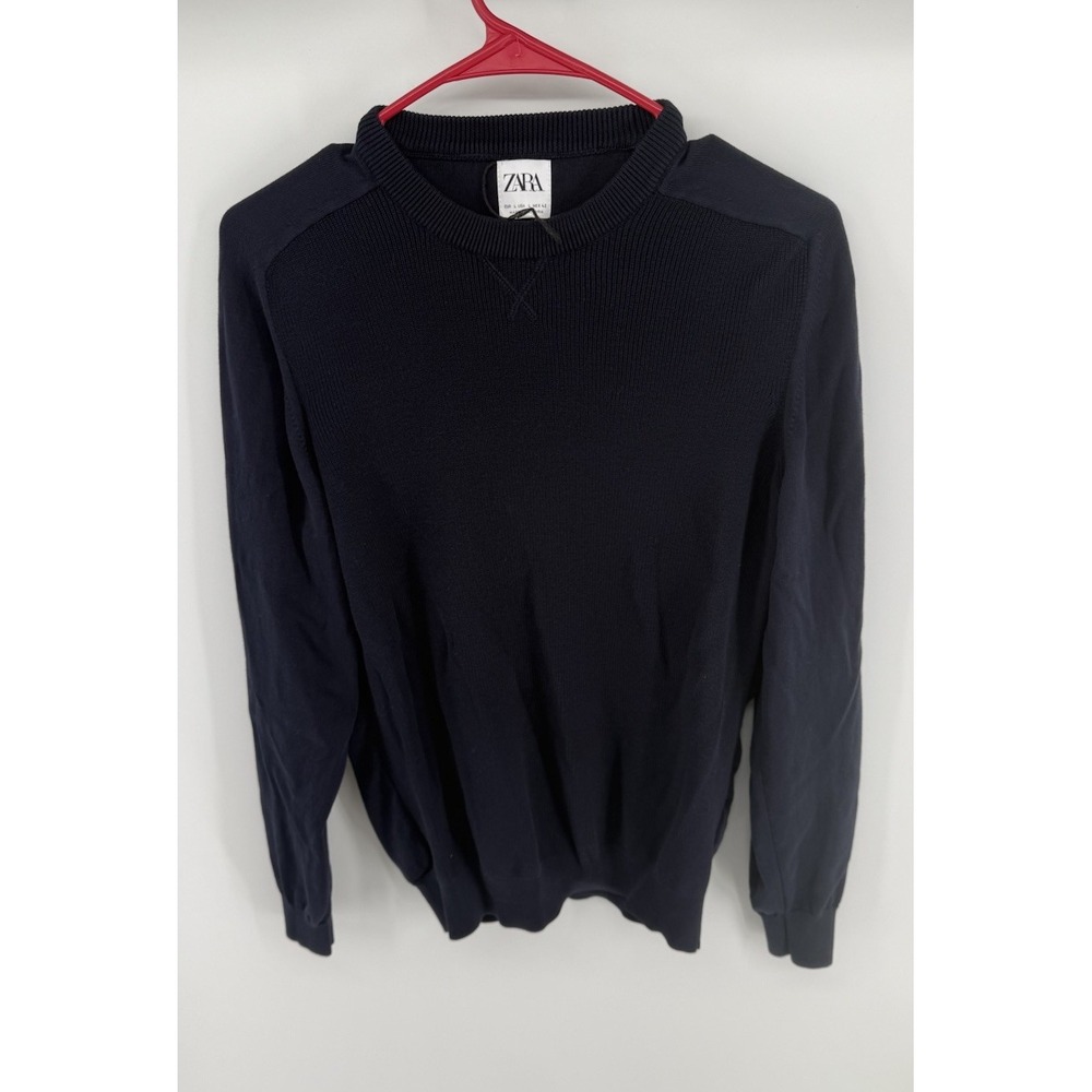 Zara Men's Large Navy Blue 100% Cotton Crewneck Pullover Sweater